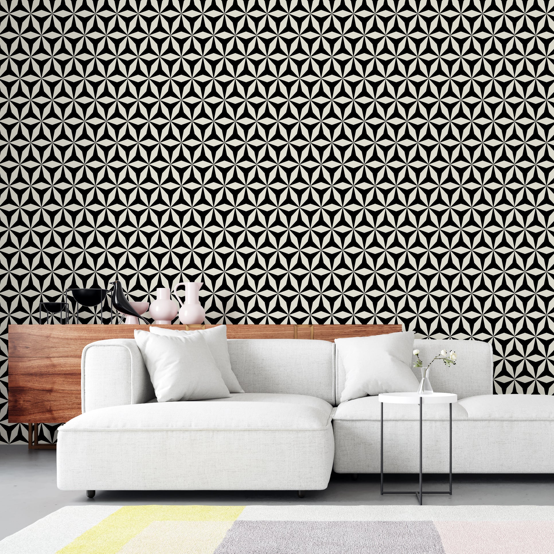 Moroccan Tile Modern Origami Wallpaper Peel and Stick Removeable or Non Pasted - Wallpaper | Victoria Bright Home - Colorful Modern Wallpaper For Your Home - - black,black and white,blue,dining,green,kitchen,living,modern,office,orange,traditional,yellow