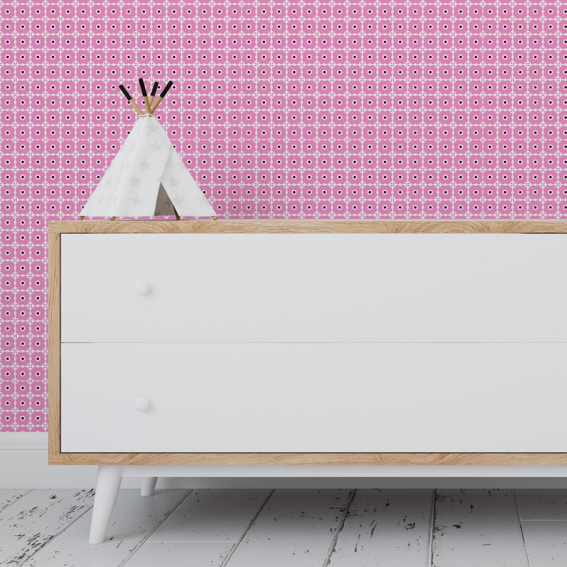 Pink Sweet Pea Geometric Floral Wallpaper for an Eclectic Bohemian Style - Wallpaper | Victoria Bright Home - Colorful Modern Wallpaper For Your Home - - floral,kids,kitchen,modern,nursery,office,pink