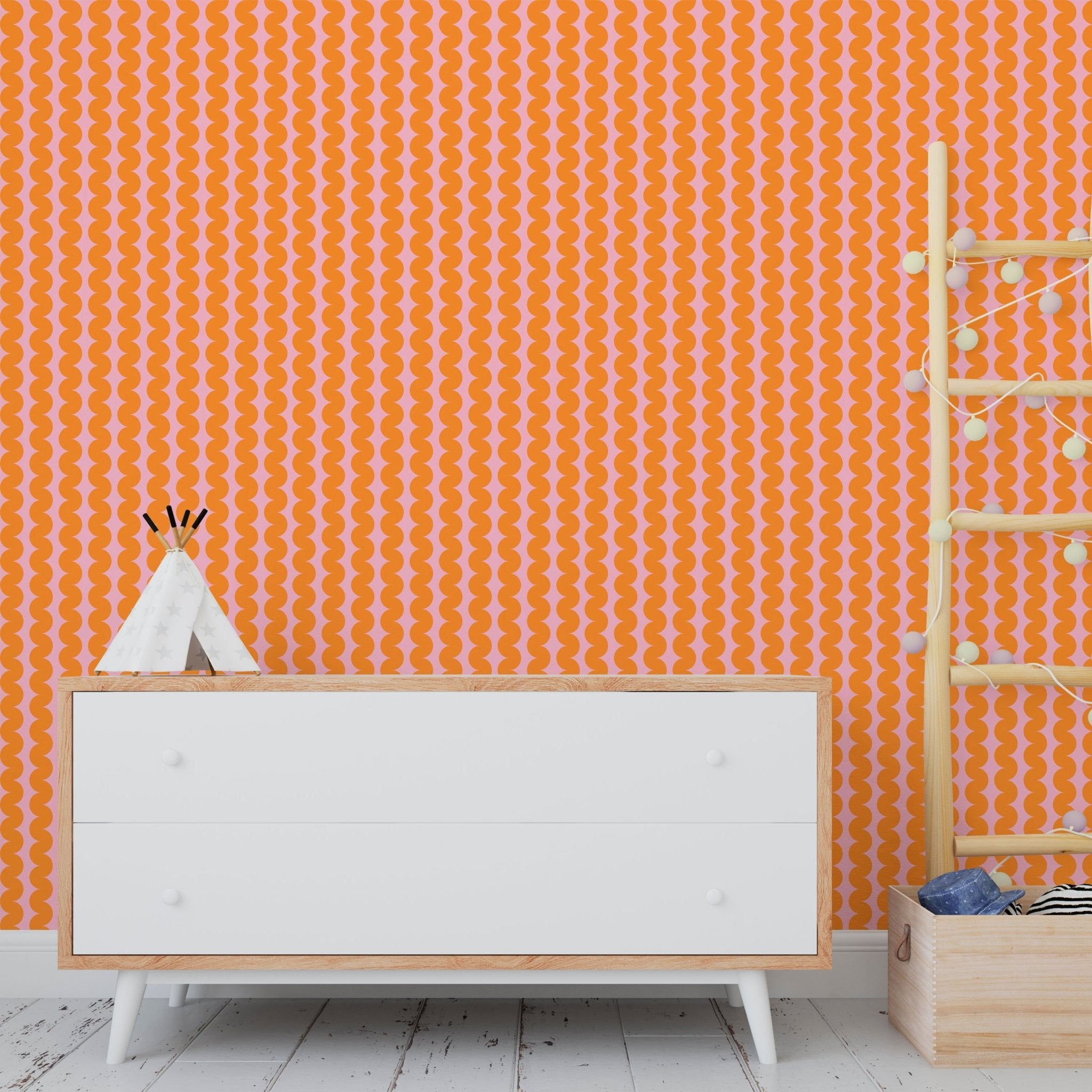 RicRac Ribbon Stripe Nostalgic Wallpaper for Sixties Flaire - Wallpaper | Victoria Bright Home - Colorful Modern Wallpaper For Your Home - - bedroom,feminine,kids,modern,nursery,pink,retro,seventies,sixties,stripes,vintage,zig zag
