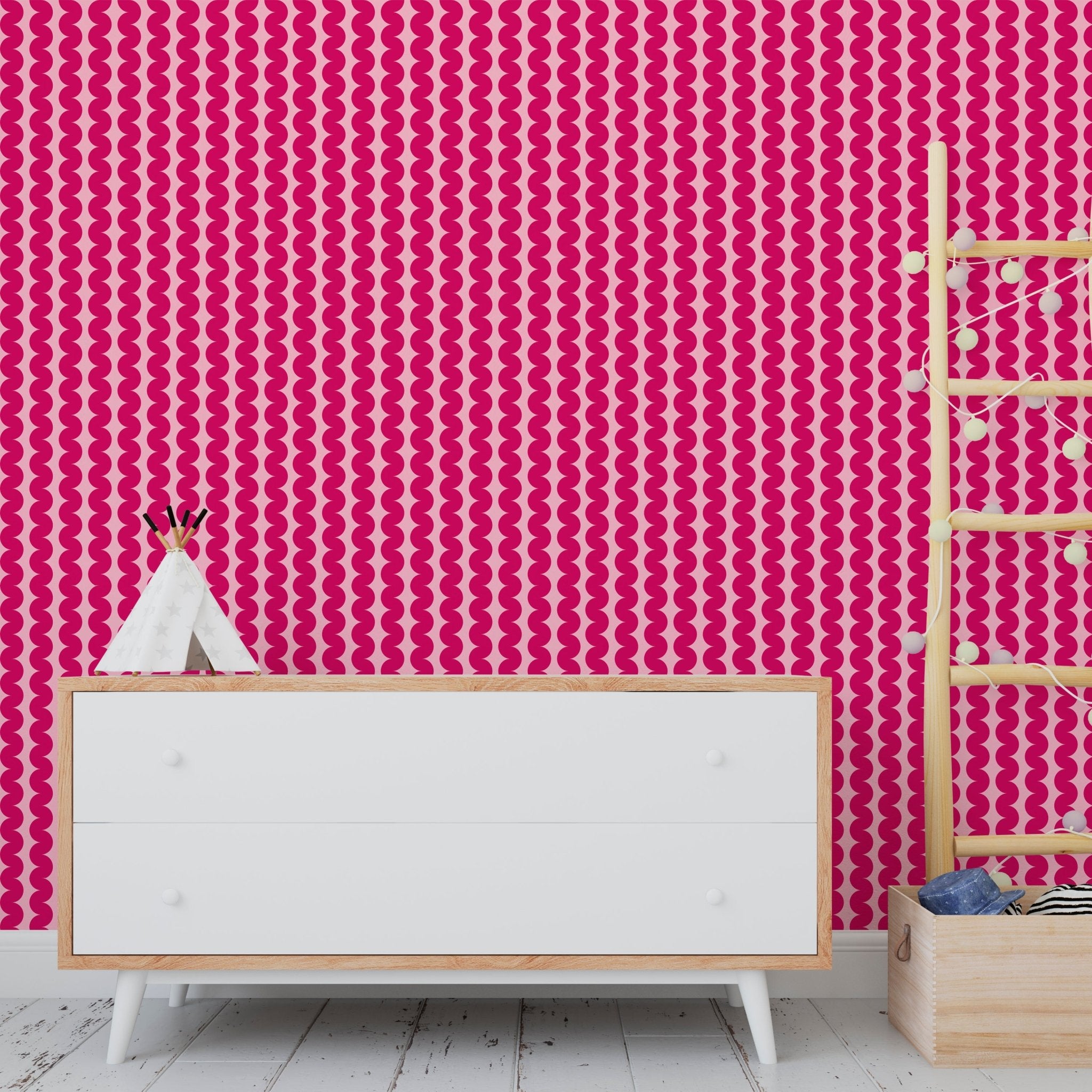 RicRac Ribbon Stripe Nostalgic Wallpaper for Sixties Flaire - Wallpaper | Victoria Bright Home - Colorful Modern Wallpaper For Your Home - - bedroom,feminine,kids,modern,nursery,pink,retro,seventies,sixties,stripes,vintage,zig zag