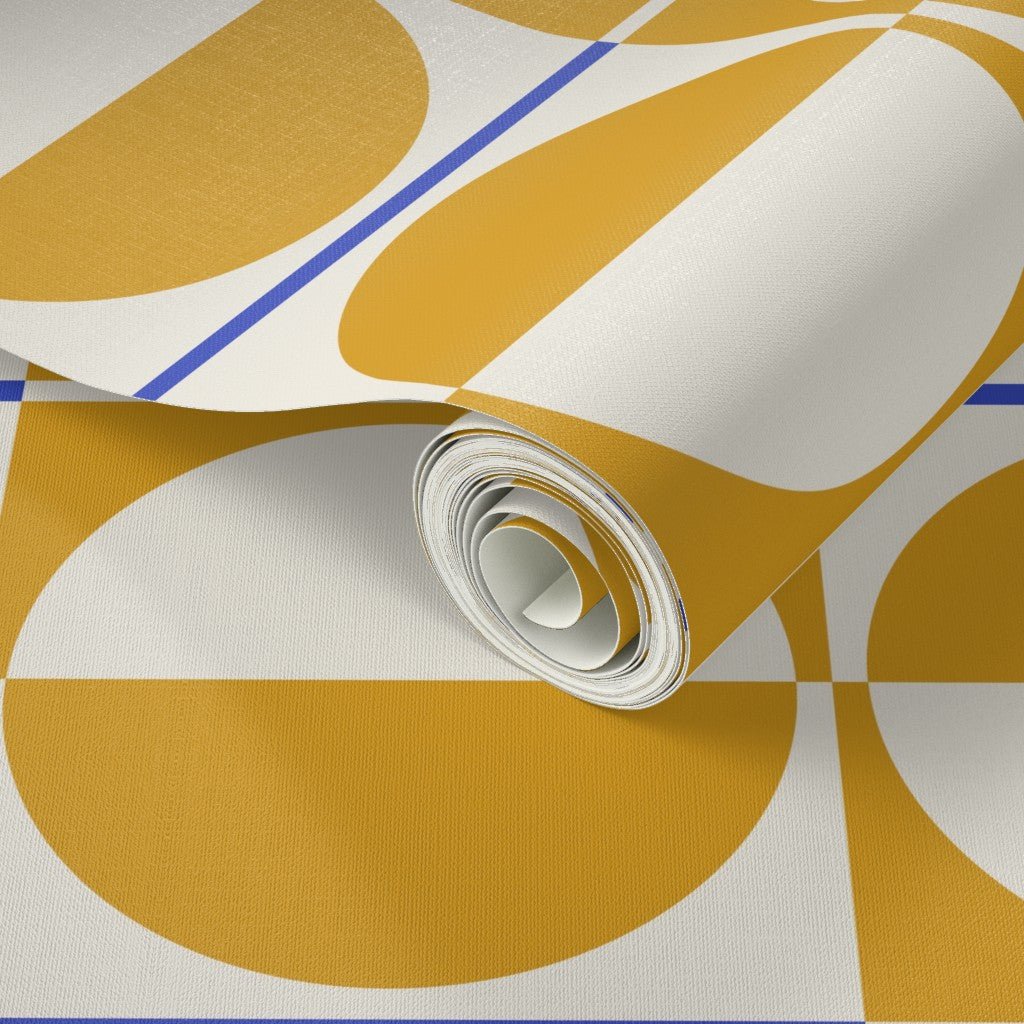 Mid Century Modern Gold Wallpaper in a Bauhuas Style - Wallpaper | Victoria Bright Home - Colorful Modern Wallpaper For Your Home - - bauhaus,bedroom,blue,dots,gold,living,mid century,modern,yellow