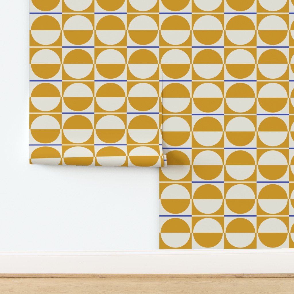Mid Century Modern Gold Wallpaper in a Bauhuas Style - Wallpaper | Victoria Bright Home - Colorful Modern Wallpaper For Your Home - - bauhaus,bedroom,blue,dots,gold,living,mid century,modern,yellow