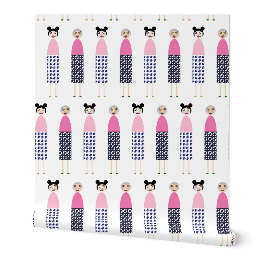 Mahjong Ladies Figurative Modern Wallpaper for a Feminine Space - Wallpaper | Victoria Bright Home - Colorful Modern Wallpaper For Your Home - Peel and Stick Removeable Sample 11 x 24 inches - asian-inspired,bedroom,blue,feminine,figurative,japanese,kids,modern,nursery,office,pink