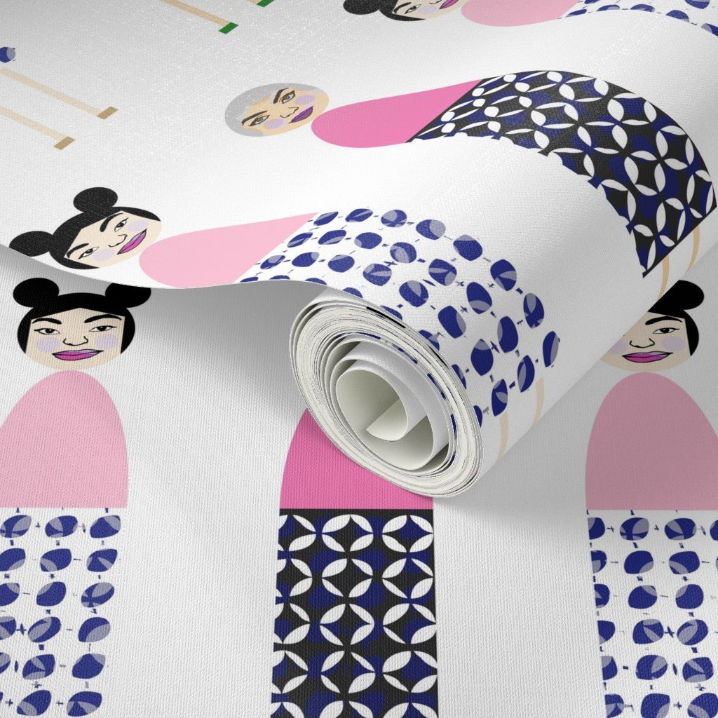Mahjong Ladies Figurative Modern Wallpaper for a Feminine Space - Wallpaper | Victoria Bright Home - Colorful Modern Wallpaper For Your Home - - asian-inspired,bedroom,blue,feminine,figurative,japanese,kids,modern,nursery,office,pink