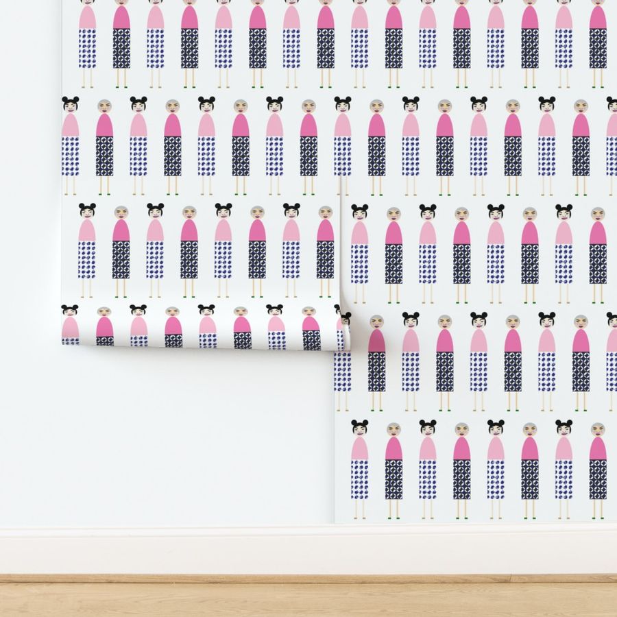 Mahjong Ladies Figurative Modern Wallpaper for a Feminine Space - Wallpaper | Victoria Bright Home - Colorful Modern Wallpaper For Your Home - - asian-inspired,bedroom,blue,feminine,figurative,japanese,kids,modern,nursery,office,pink
