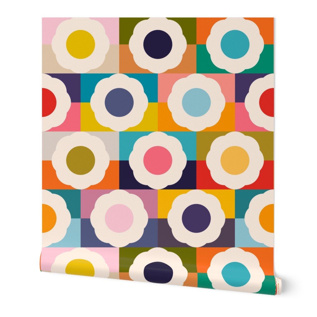 Flower Power Retro Sixties Colorful Modern Wallpaper - Wallpaper | Victoria Bright Home - Colorful Modern Wallpaper For Your Home - Peel and Stick Removeable Sample 11 x 24 inches - bedroom,feminine,floral,kids,mid century,modern,multicolor,nursery,office,retro,seventies,sixties