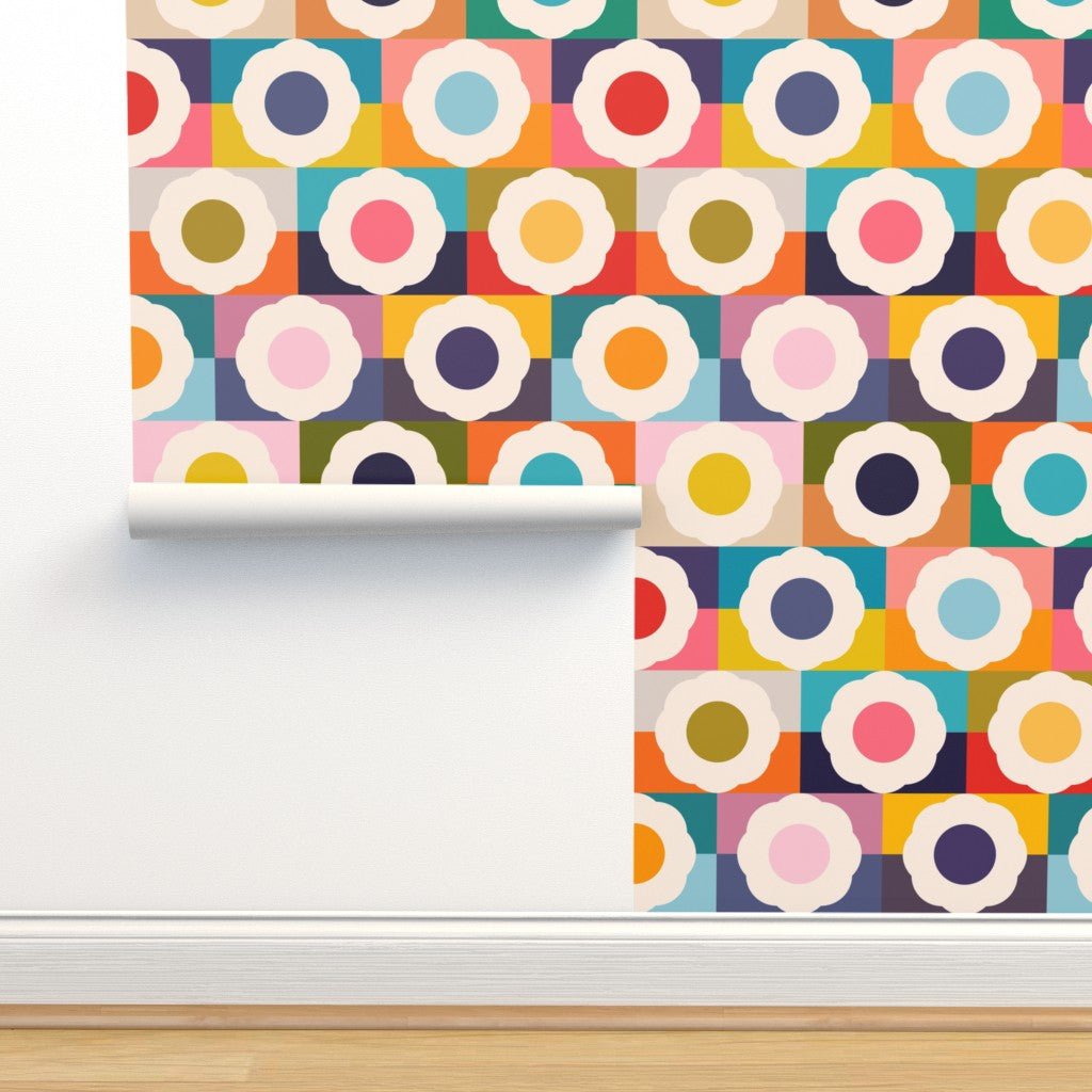 Flower Power Retro Sixties Colorful Modern Wallpaper - Wallpaper | Victoria Bright Home - Colorful Modern Wallpaper For Your Home - - bedroom,feminine,floral,kids,mid century,modern,multicolor,nursery,office,retro,seventies,sixties