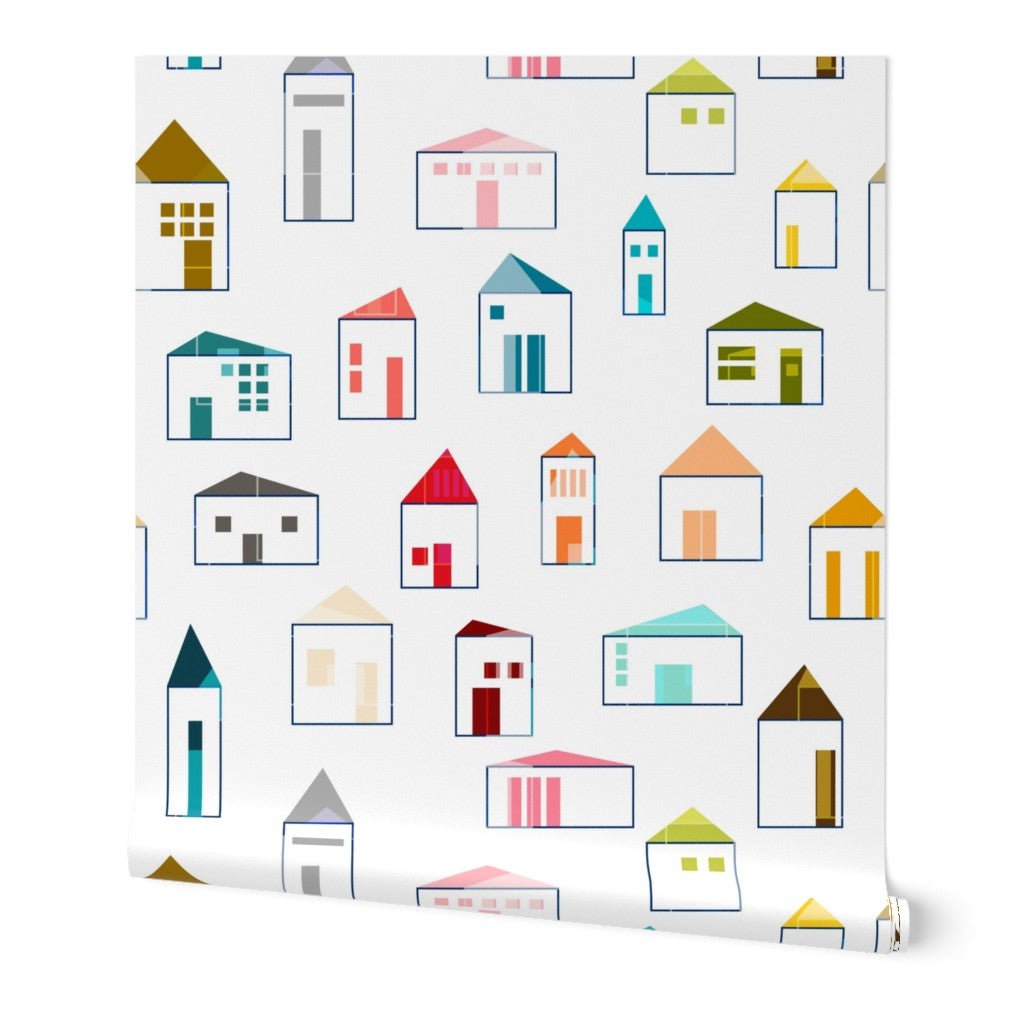 Neighborly Abstract Miniature Houses Modern Wallpaper for a Cool Kitchen Space - Wallpaper | Victoria Bright Home - Colorful Modern Wallpaper For Your Home - Peel and Stick Removeable Sample 11 x 24 inches - abstract,dining,kids,kitchen,modern,multicolor,office,scandinavian