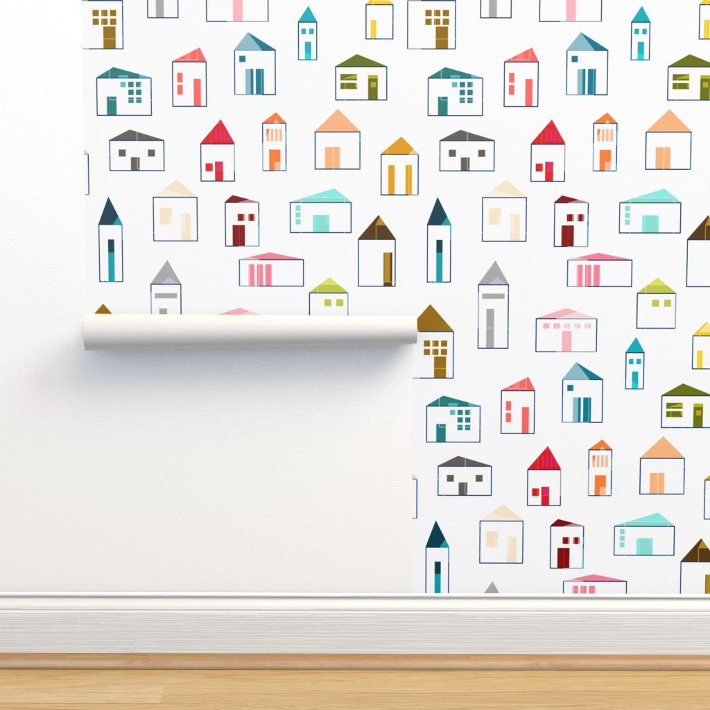 Neighborly Abstract Miniature Houses Modern Wallpaper for a Cool Kitchen Space - Wallpaper | Victoria Bright Home - Colorful Modern Wallpaper For Your Home - - abstract,dining,kids,kitchen,modern,multicolor,office,scandinavian