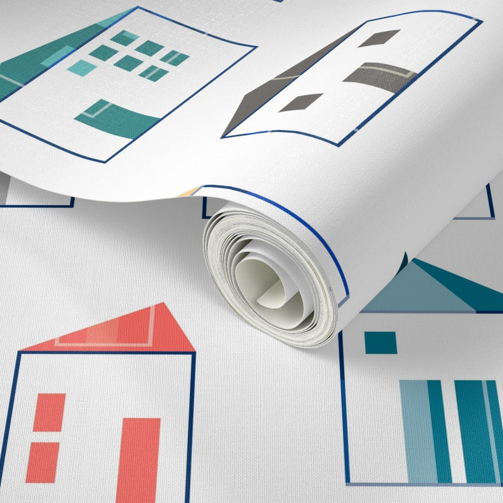 Neighborly Abstract Miniature Houses Modern Wallpaper for a Cool Kitchen Space - Wallpaper | Victoria Bright Home - Colorful Modern Wallpaper For Your Home - - abstract,dining,kids,kitchen,modern,multicolor,office,scandinavian