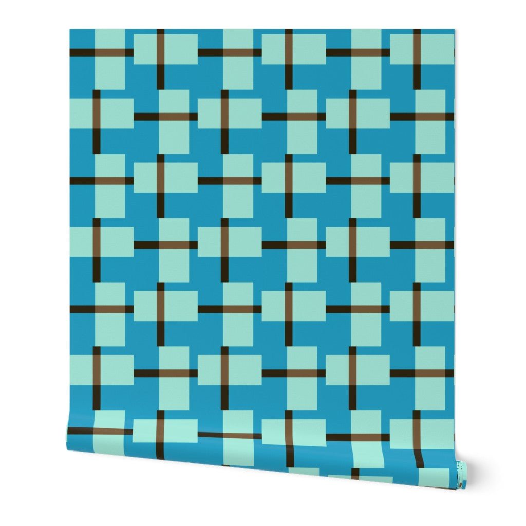 Non Trad Rad Retro Plaid Modern Wallpaper in Blue and Mint Green - Wallpaper | Victoria Bright Home - Colorful Modern Wallpaper For Your Home - Peel and Stick Removeable Sample 11 x 24 inches - bedroom,blue,brown,kids,kitchen,living,modern,office,plaid,retro,turquoise