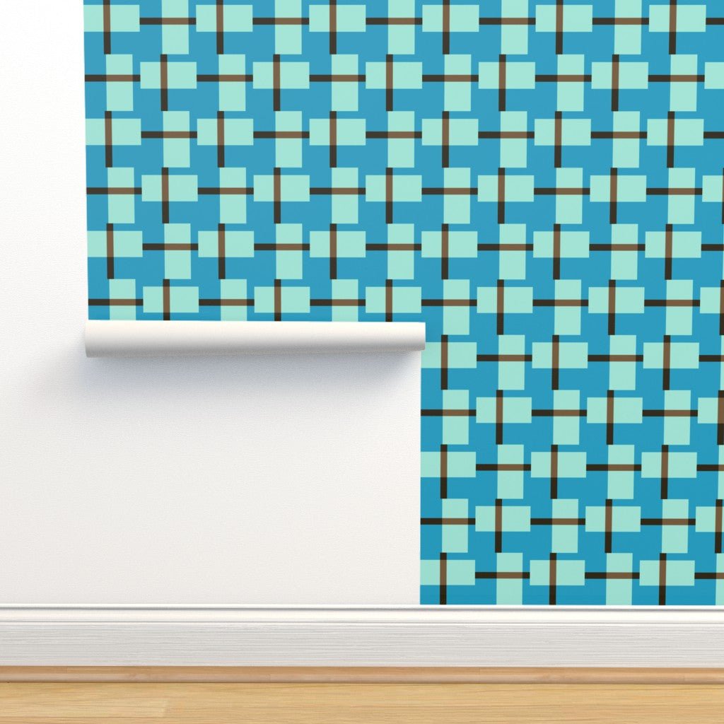 Non Trad Rad Retro Plaid Modern Wallpaper in Blue and Mint Green - Wallpaper | Victoria Bright Home - Colorful Modern Wallpaper For Your Home - - bedroom,blue,brown,kids,kitchen,living,modern,office,plaid,retro,turquoise