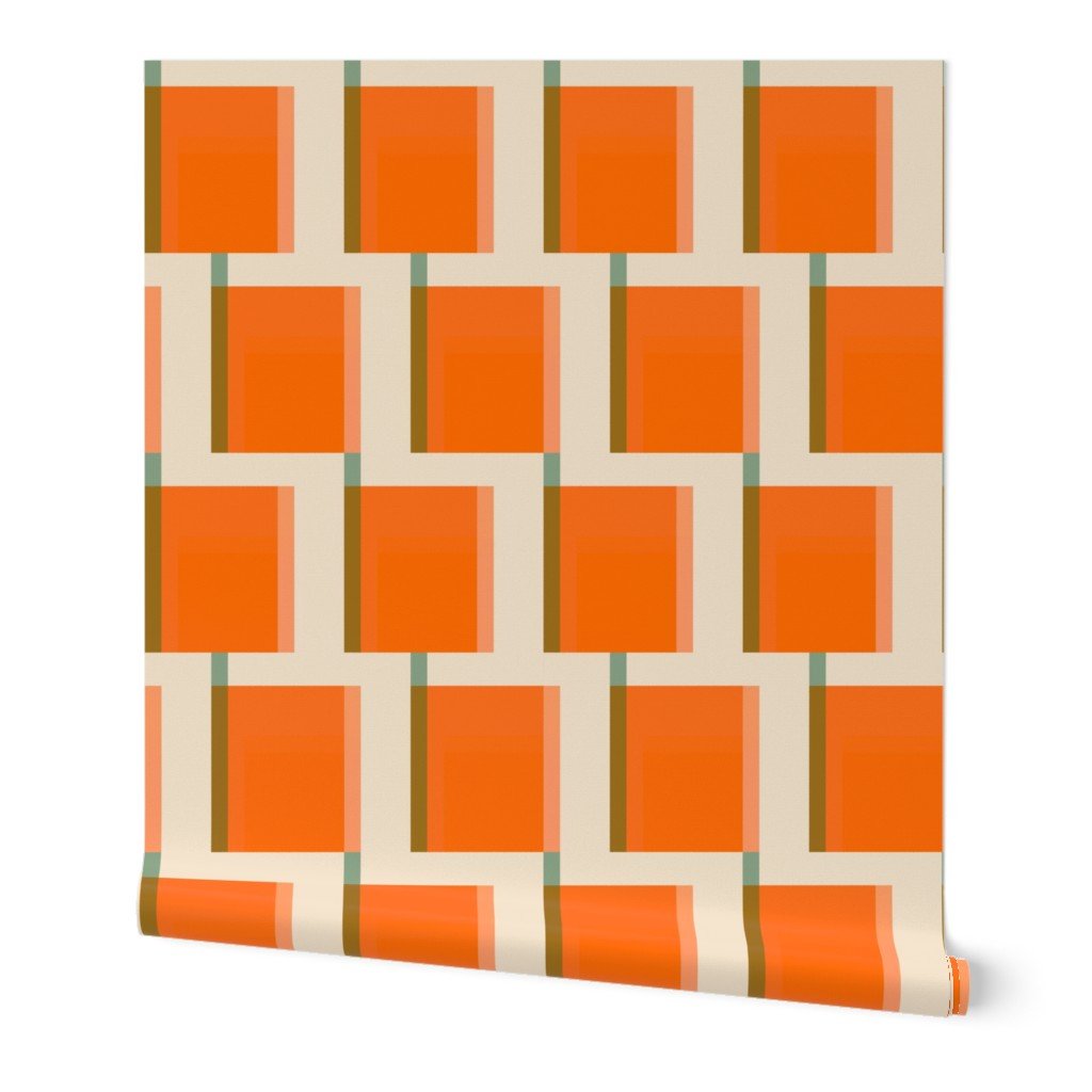 Elliot Mid Century Modern Orange Wallpaper with a Sixties Aesthetic - Wallpaper | Victoria Bright Home - Colorful Modern Wallpaper For Your Home - Peel and Stick Removeable Sample 11 x 24 inches - brown,checkered,cream,living,mid century,modern,office,orange,retro,seventies,sixties,turquoise