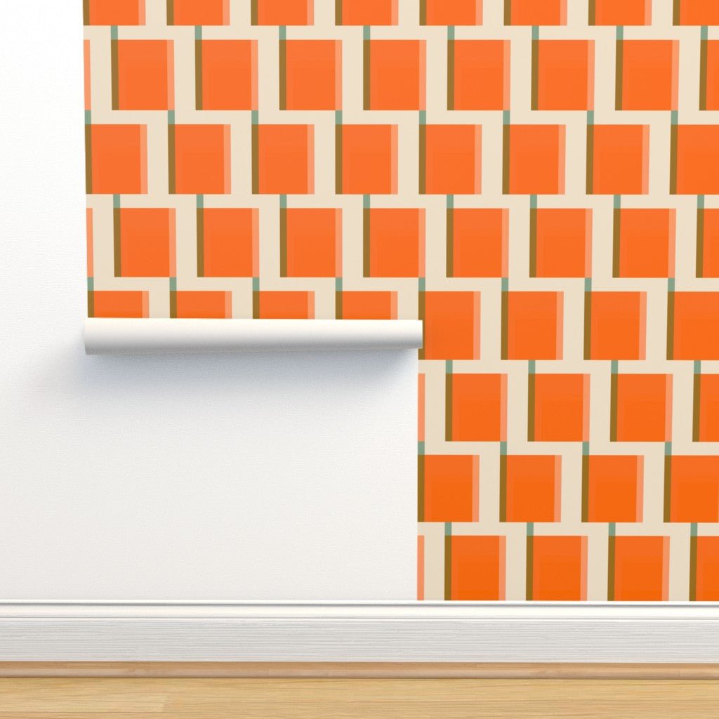 Elliot Mid Century Modern Orange Wallpaper with a Sixties Aesthetic - Wallpaper | Victoria Bright Home - Colorful Modern Wallpaper For Your Home - - brown,checkered,cream,living,mid century,modern,office,orange,retro,seventies,sixties,turquoise