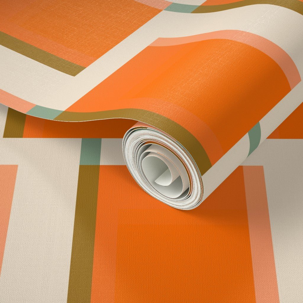Elliot Mid Century Modern Orange Wallpaper with a Sixties Aesthetic - Wallpaper | Victoria Bright Home - Colorful Modern Wallpaper For Your Home - - brown,checkered,cream,living,mid century,modern,office,orange,retro,seventies,sixties,turquoise