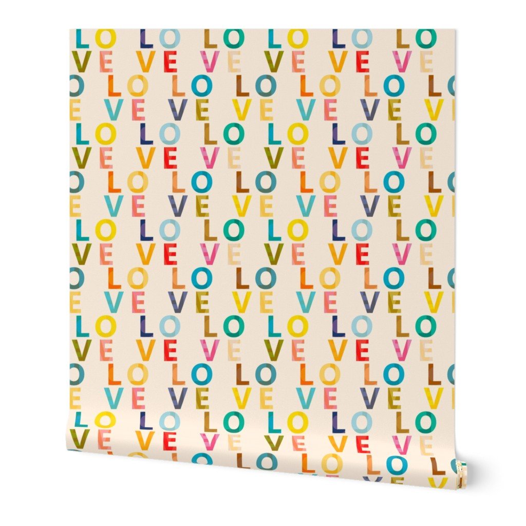 Love Love Modern Typography Wallpaper - Wallpaper | Victoria Bright Home - Colorful Modern Wallpaper For Your Home - Peel and Stick Removeable Sample 11 x 24 inches - bedroom,feminine,kids,modern,multicolor,nursery,typography
