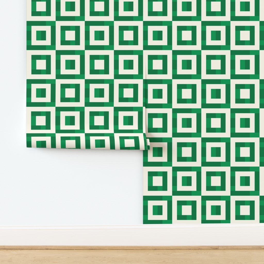 Green Geometric Squares Modern Wallpaper Maximalist Style Aesthetic - Wallpaper | Victoria Bright Home - Colorful Modern Wallpaper For Your Home - - checkered,dining,green,living,modern,office,retro