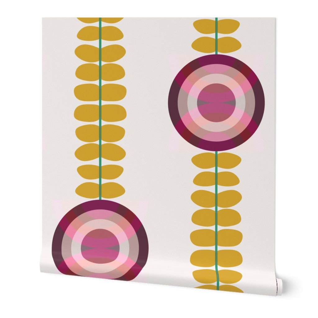 Swedish Floral Scandinavian Wallpaper in Pink and Gold - Wallpaper | Victoria Bright Home - Colorful Modern Wallpaper For Your Home - Peel and Stick Removeable Sample 11 x 24 inches - feminine,floral,kids,modern,nursery,pink,scandinavian,sixties,yellow