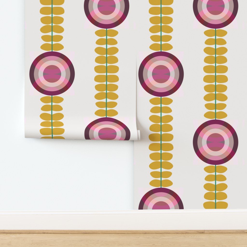 Swedish Floral Scandinavian Wallpaper in Pink and Gold - Wallpaper | Victoria Bright Home - Colorful Modern Wallpaper For Your Home - - feminine,floral,kids,modern,nursery,pink,scandinavian,sixties,yellow