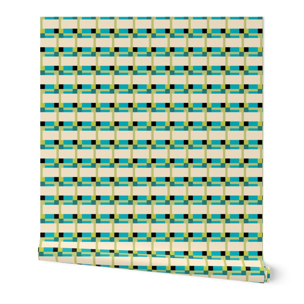 Modern Fifty Retro Wallpaper in Turquoise and Lime Green - Wallpaper | Victoria Bright Home - Colorful Modern Wallpaper For Your Home - Peel and Stick Removeable Sample 11 x 24 inches - black,checkered,cream,dining,green,kitchen,mid century,Minimalist,modern,office,retro,turquoise