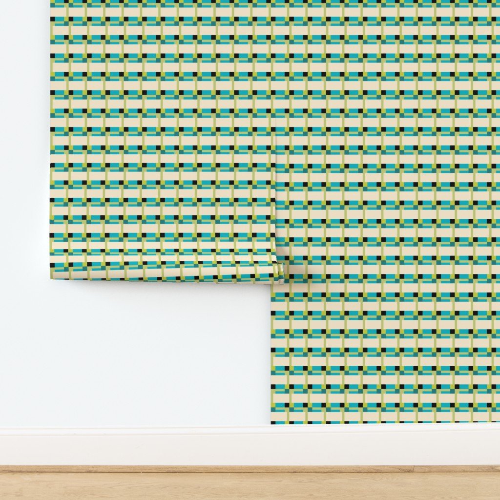 Modern Fifty Retro Wallpaper in Turquoise and Lime Green - Wallpaper | Victoria Bright Home - Colorful Modern Wallpaper For Your Home - - black,checkered,cream,dining,green,kitchen,mid century,Minimalist,modern,office,retro,turquoise