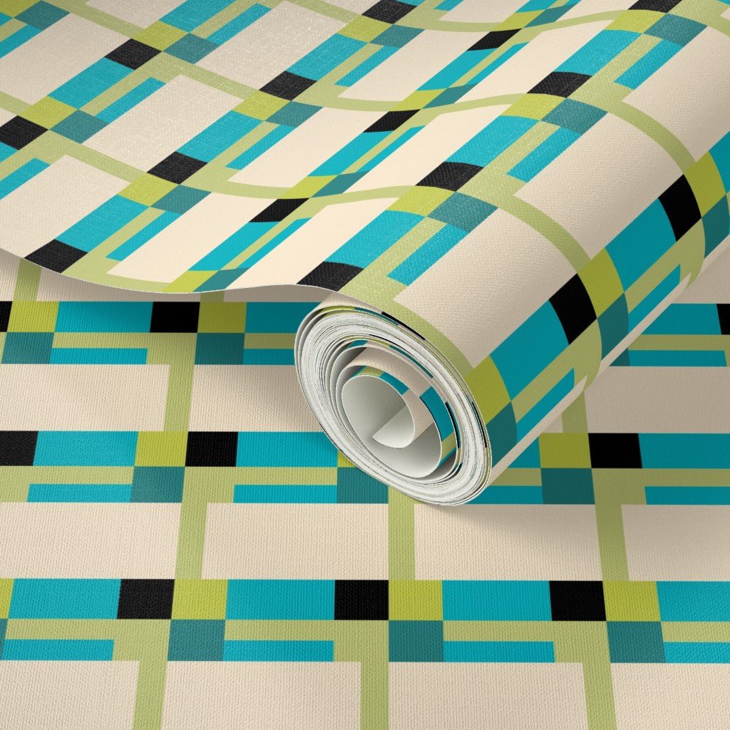 Modern Fifty Retro Wallpaper in Turquoise and Lime Green - Wallpaper | Victoria Bright Home - Colorful Modern Wallpaper For Your Home - - black,checkered,cream,dining,green,kitchen,mid century,Minimalist,modern,office,retro,turquoise