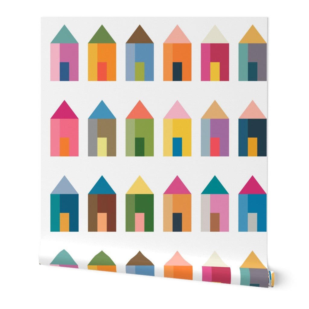 Living Tiny Miniature House Modern Wallpaper - Wallpaper | Victoria Bright Home - Colorful Modern Wallpaper For Your Home - Peel and Stick Removeable Sample 11 x 24 inches - blue,brown,Gray,green,kitchen,living,modern,multicolor,nursery,office,orange,pink,yellow