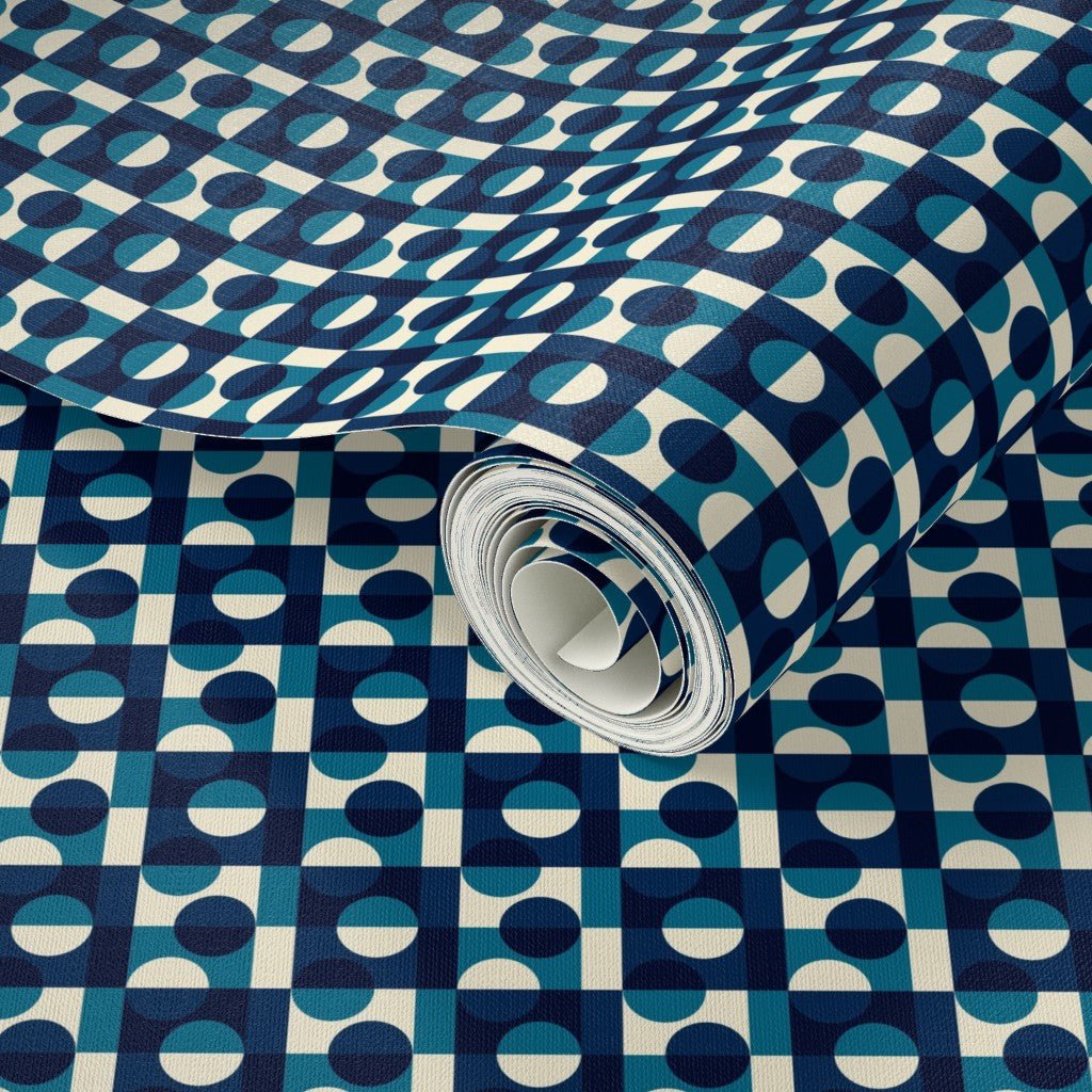 Japanese Aesthetic Tiny Tokyo Blue Wallpaper - Wallpaper | Victoria Bright Home - Colorful Modern Wallpaper For Your Home - - asian-inspired,bedroom,blue,checkered,dots,japandi,japanese,kitchen,modern