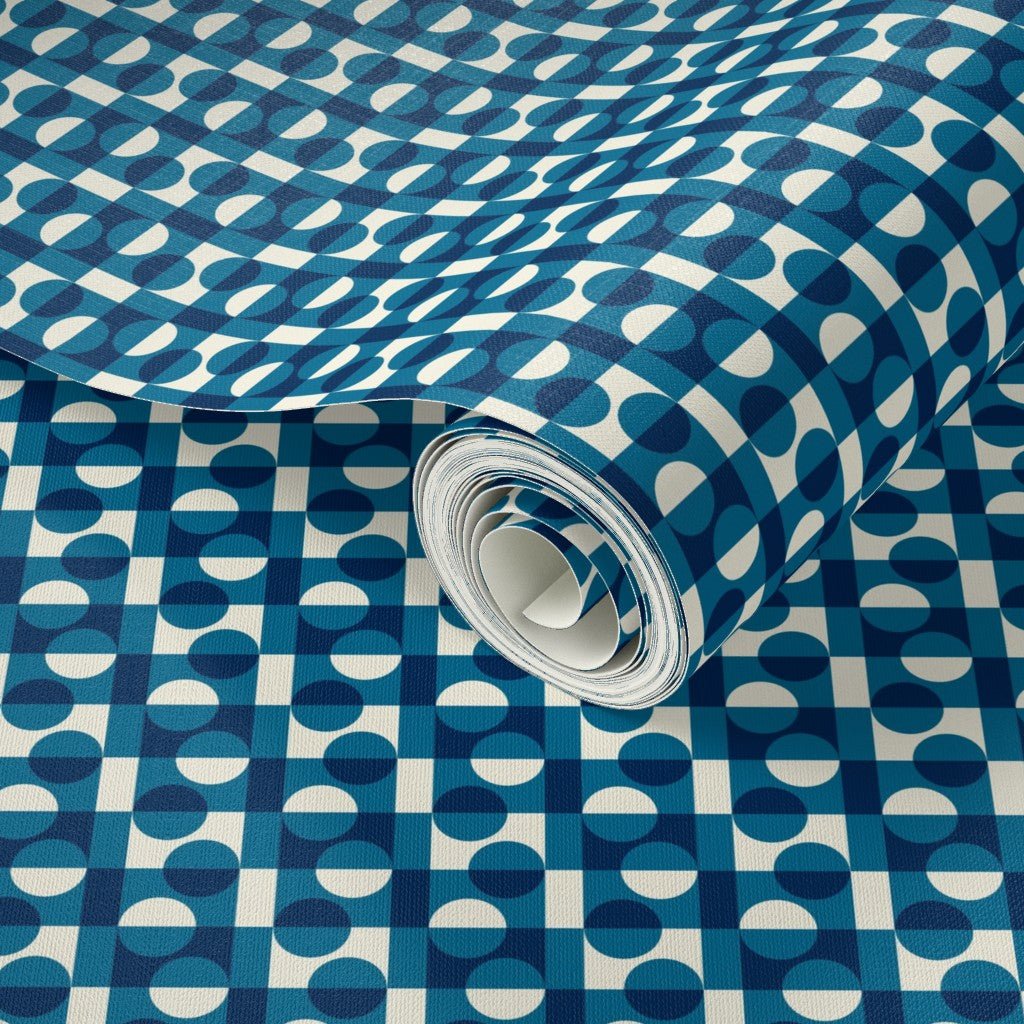 Japanese Aesthetic Tiny Tokyo Blue Wallpaper - Wallpaper | Victoria Bright Home - Colorful Modern Wallpaper For Your Home - - asian-inspired,bedroom,blue,checkered,dots,japandi,japanese,kitchen,modern