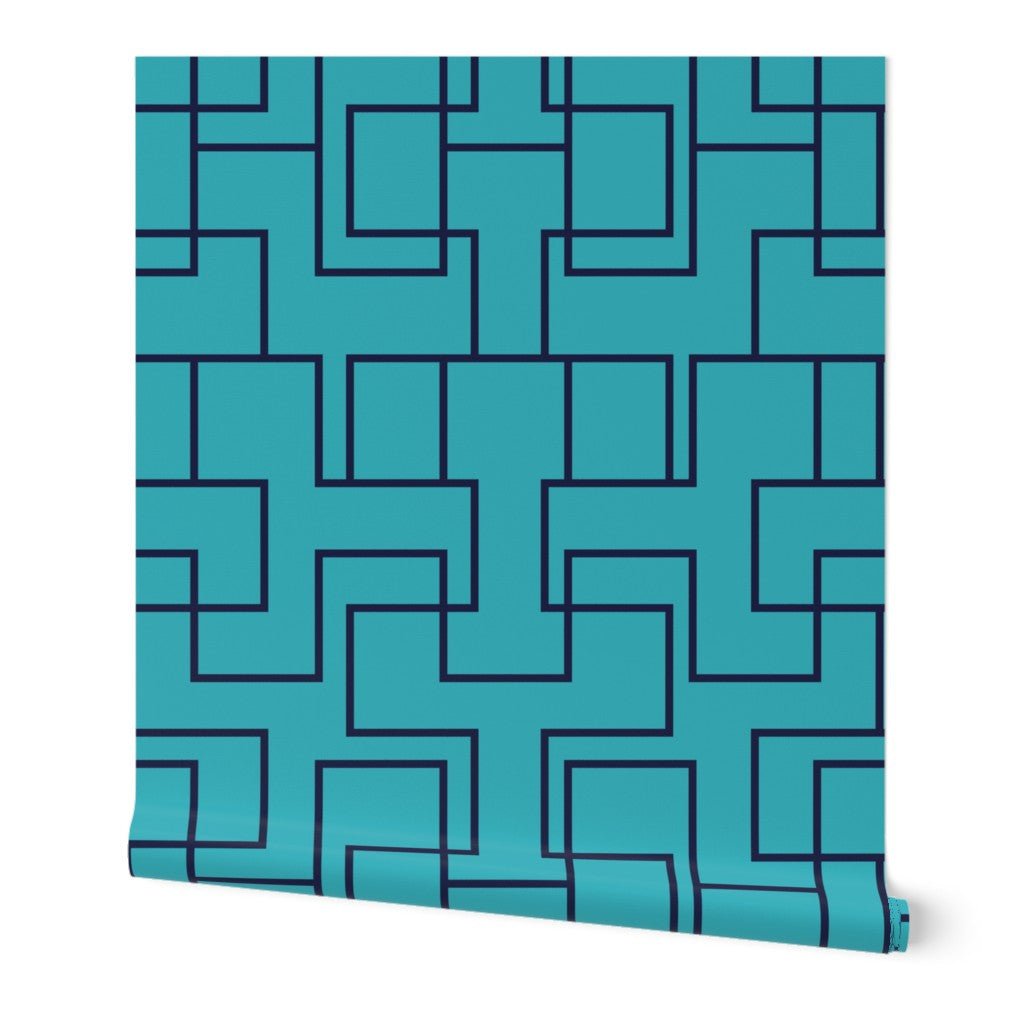 Modern Geometric Ziggy Wallpaper in Turquoise and Navy for a Contemporary Style - Wallpaper | Victoria Bright Home - Colorful Modern Wallpaper For Your Home - Peel and Stick Removeable Sample 11 x 24 inches turquoise ziggy - bedroom,blue,dining,modern,office,turquoise,zig zag