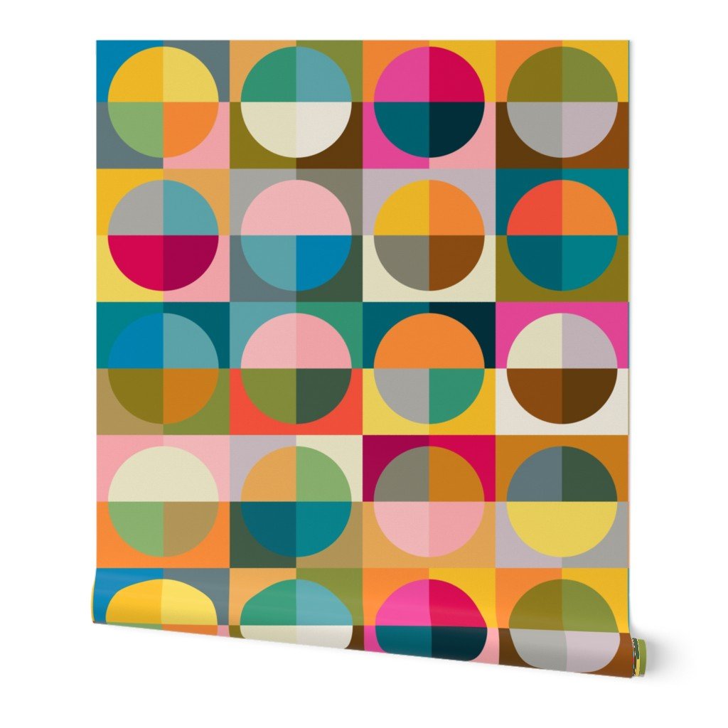 Vibrant Mid Century Modern Split Circles Wallpaper for a Maximalist Aesthetic - Wallpaper | Victoria Bright Home - Colorful Modern Wallpaper For Your Home - Peel and Stick Removeable Sample 11 x 24 inches - bedroom,dots,kids,living,mid century,modern,multicolor,nursery,office,retro,sixties