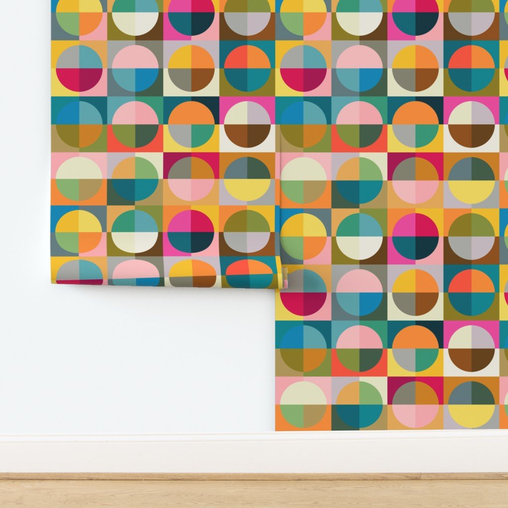Vibrant Mid Century Modern Split Circles Wallpaper for a Maximalist Aesthetic - Wallpaper | Victoria Bright Home - Colorful Modern Wallpaper For Your Home - - bedroom,dots,kids,living,mid century,modern,multicolor,nursery,office,retro,sixties