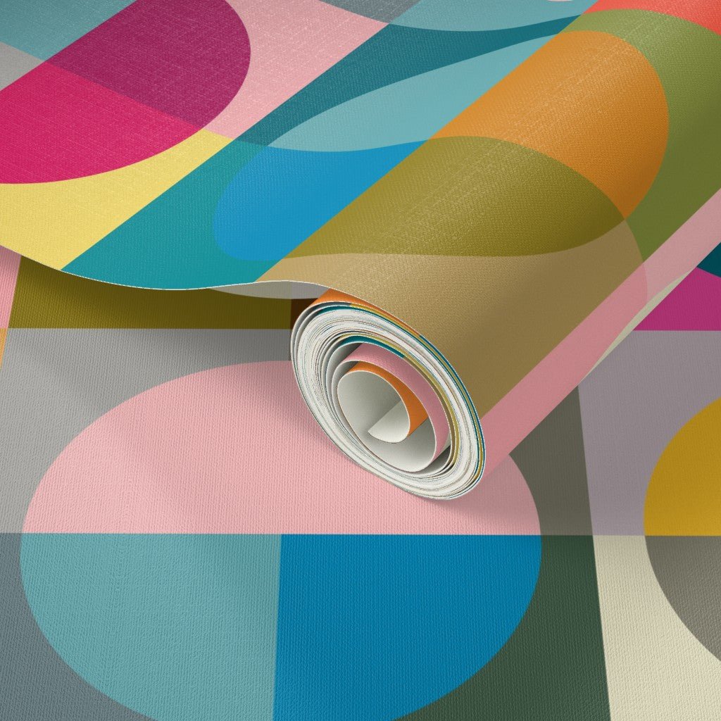 Vibrant Mid Century Modern Split Circles Wallpaper for a Maximalist Aesthetic - Wallpaper | Victoria Bright Home - Colorful Modern Wallpaper For Your Home - - bedroom,dots,kids,living,mid century,modern,multicolor,nursery,office,retro,sixties