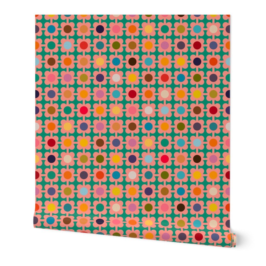 Floral Picking Daisies Sixties Kitsch Wallpaper - Wallpaper | Victoria Bright Home - Colorful Modern Wallpaper For Your Home - Peel and Stick Removeable Sample 11 x 24 inches - bedroom,dots,feminine,floral,green,kids,kitchen,mid century,multicolor,nursery,office,pink,retro,sixties,vintage