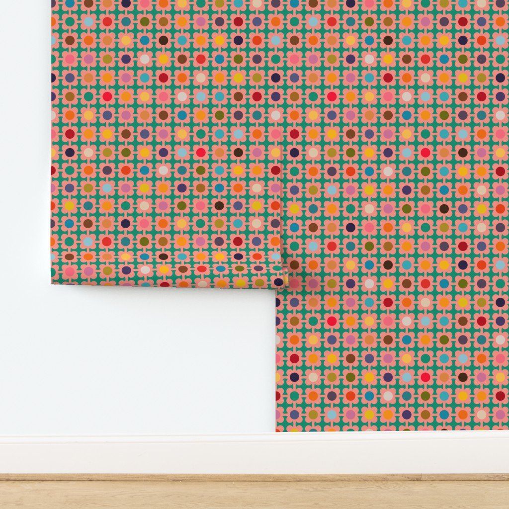 Floral Picking Daisies Sixties Kitsch Wallpaper - Wallpaper | Victoria Bright Home - Colorful Modern Wallpaper For Your Home - - bedroom,dots,feminine,floral,green,kids,kitchen,mid century,multicolor,nursery,office,pink,retro,sixties,vintage