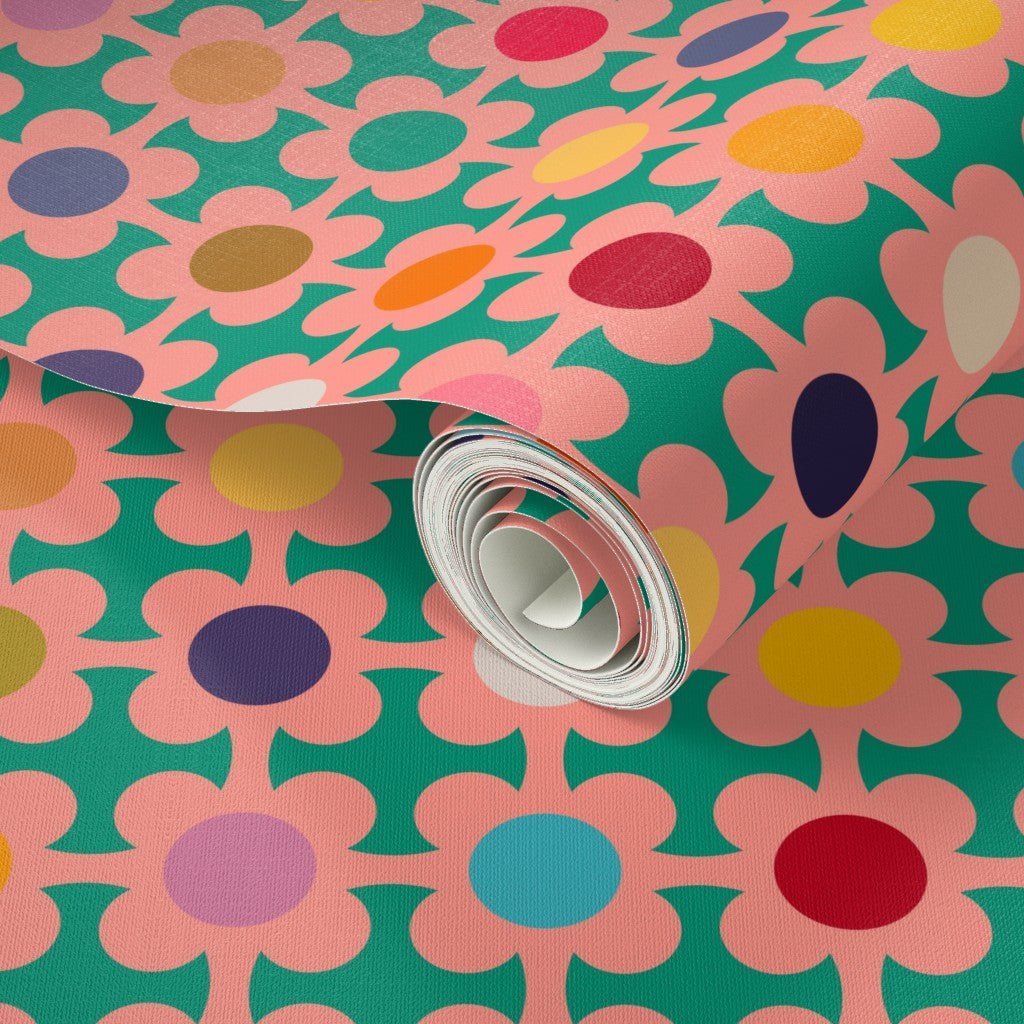 Floral Picking Daisies Sixties Kitsch Wallpaper - Wallpaper | Victoria Bright Home - Colorful Modern Wallpaper For Your Home - - bedroom,dots,feminine,floral,green,kids,kitchen,mid century,multicolor,nursery,office,pink,retro,sixties,vintage