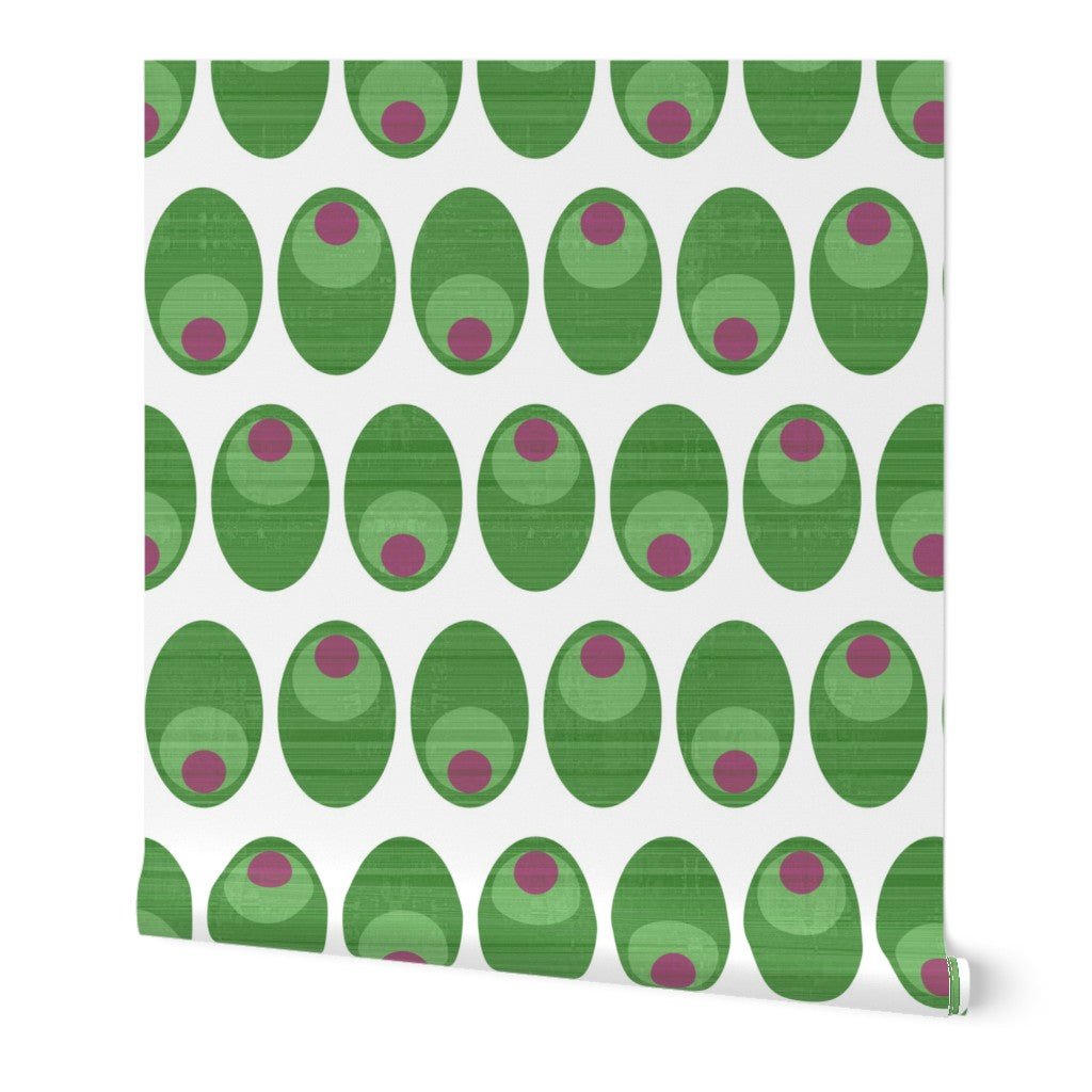 Olive You Cheeky Cocktail Wallpaper for Mid Century Modern Kitsch - Wallpaper | Victoria Bright Home - Colorful Modern Wallpaper For Your Home - Peel and Stick Removeable Sample 11 x 24 inches - dining,green,kitchen,mid century,modern,pink,texture