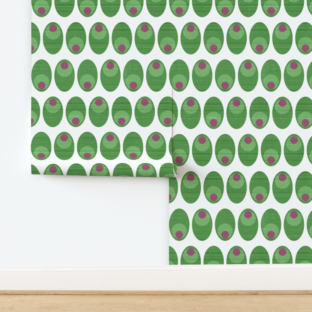 Olive You Cheeky Cocktail Wallpaper for Mid Century Modern Kitsch - Wallpaper | Victoria Bright Home - Colorful Modern Wallpaper For Your Home - - dining,green,kitchen,mid century,modern,pink,texture
