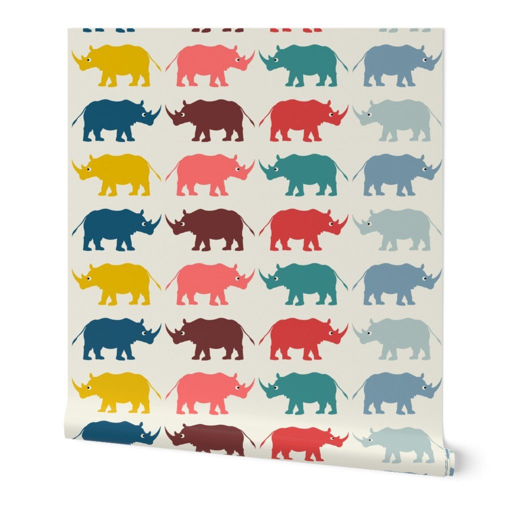 Retro Modern Rhino Safari Wallpaper Save the Rhinos - Wallpaper | Victoria Bright Home - Colorful Modern Wallpaper For Your Home - Peel and Stick Removeable Sample 11 x 24 inches multicolor rhino - animal,bedroom,kids,modern,multicolor,nursery,retro