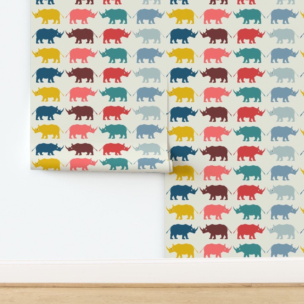 Retro Modern Rhino Safari Wallpaper Save the Rhinos - Wallpaper | Victoria Bright Home - Colorful Modern Wallpaper For Your Home - - animal,bedroom,kids,modern,multicolor,nursery,retro