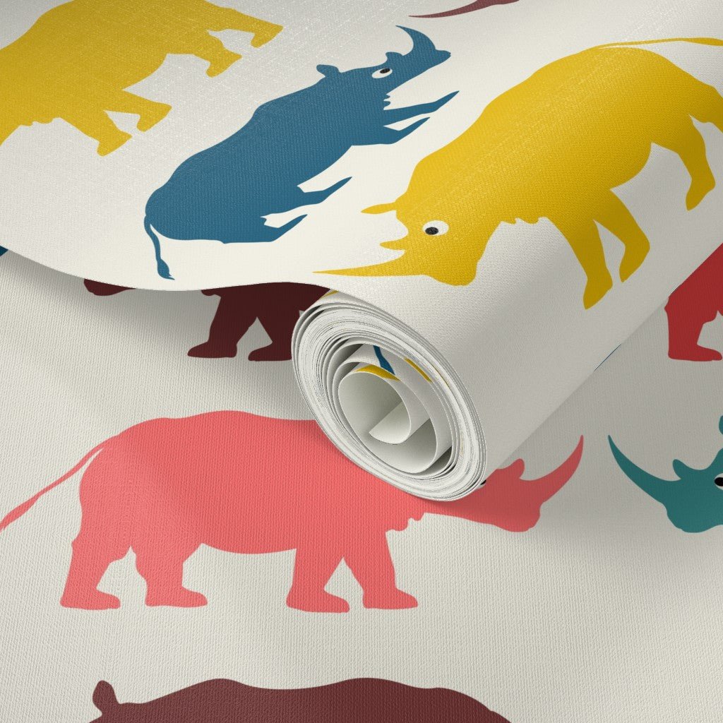 Retro Modern Rhino Safari Wallpaper Save the Rhinos - Wallpaper | Victoria Bright Home - Colorful Modern Wallpaper For Your Home - - animal,bedroom,kids,modern,multicolor,nursery,retro