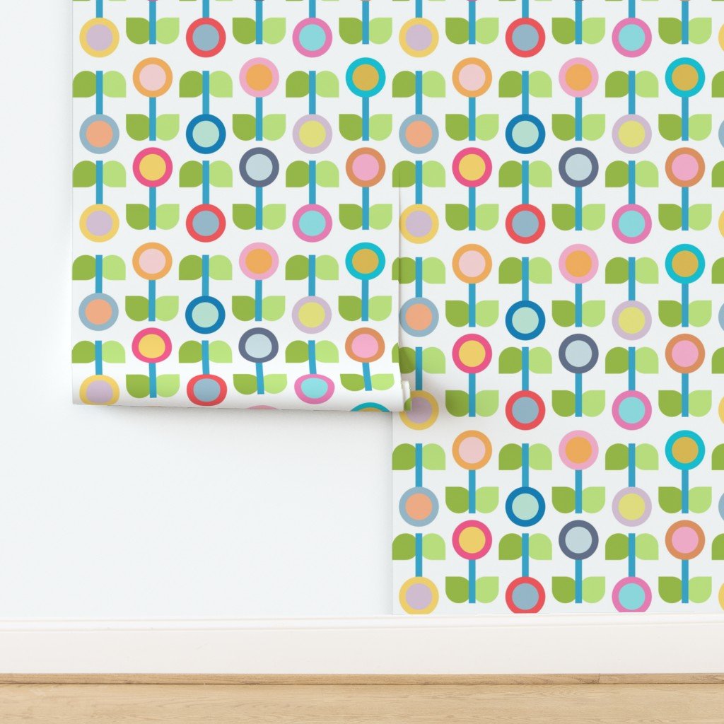 Scandinavian Modern Flower Wallpaper for Kitchens and Children - Wallpaper | Victoria Bright Home - Colorful Modern Wallpaper For Your Home - - bedroom,floral,green,kids,kitchen,Minimalist,modern,multicolor,nursery,pink,retro,scandinavian,vintage