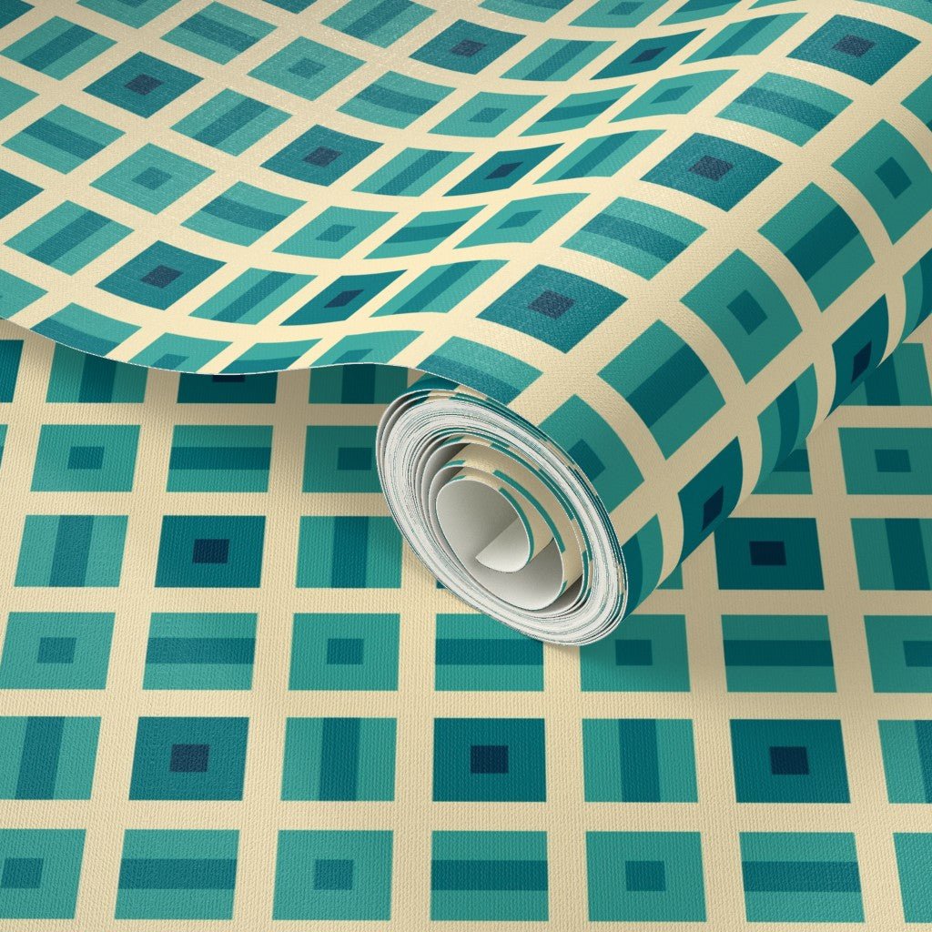 Helms Alee Retro Squares Wallpaper in Six Colors - Wallpaper | Victoria Bright Home - Colorful Modern Wallpaper For Your Home - - bedroom,blue,dining,green,kids,kitchen,modern,nursery,office,orange,pink,retro,sixties,turquoise,yellow