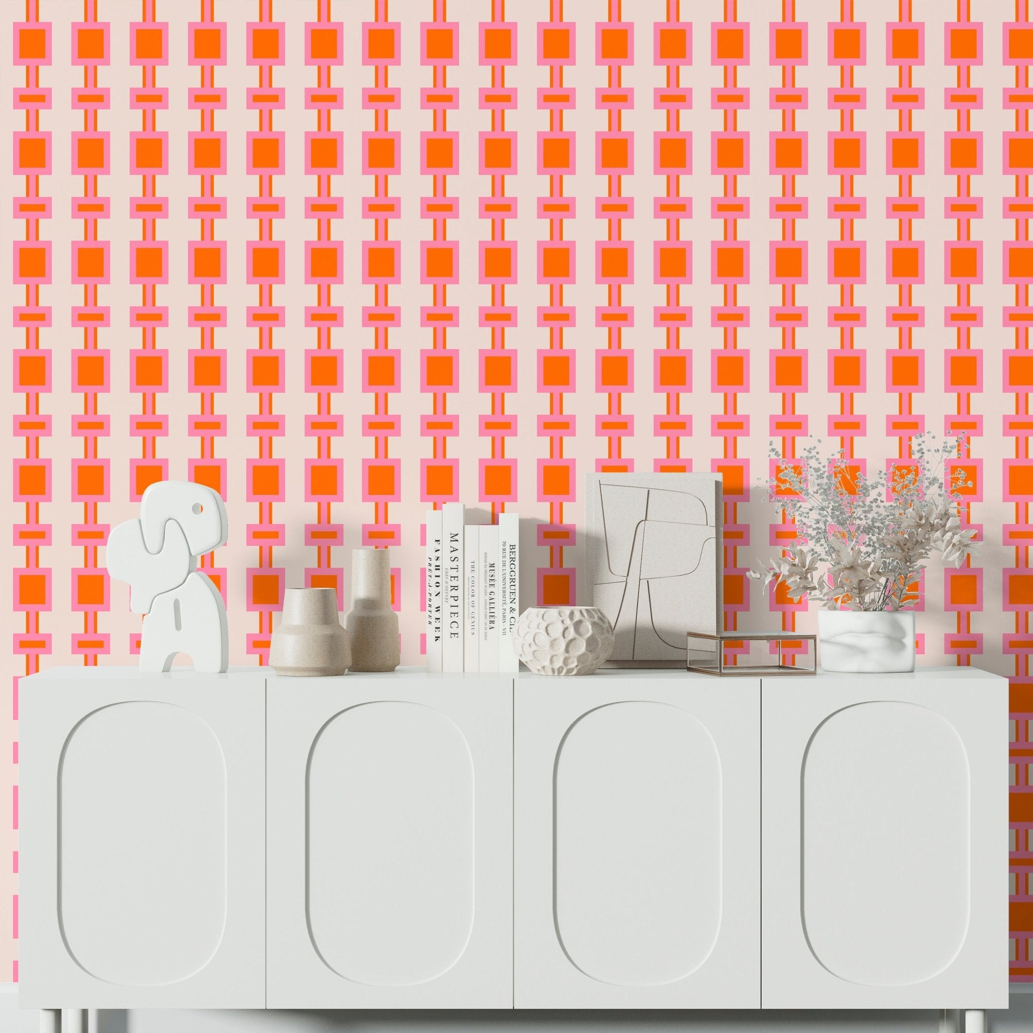 Diva Pink and Orange Retro Modern Wallpaper for a Sixties Style Aesthetic - Wallpaper | Victoria Bright Home - Colorful Modern Wallpaper For Your Home - - bedroom,feminine,kitchen,modern,nursery,orange,pink,retro,sixties