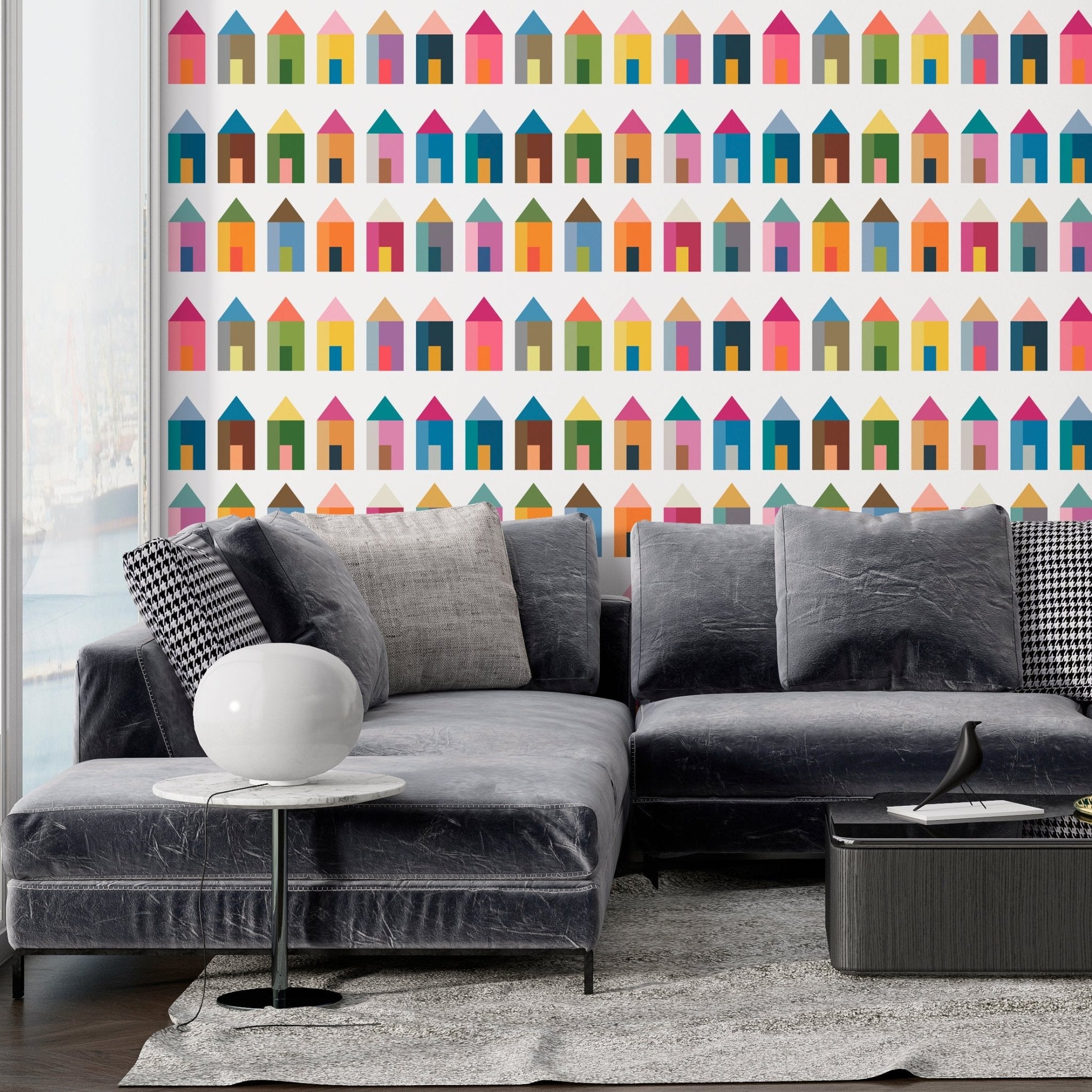 Living Tiny Miniature House Modern Wallpaper - Wallpaper | Victoria Bright Home - Colorful Modern Wallpaper For Your Home - - blue,brown,Gray,green,kitchen,living,modern,multicolor,nursery,office,orange,pink,yellow