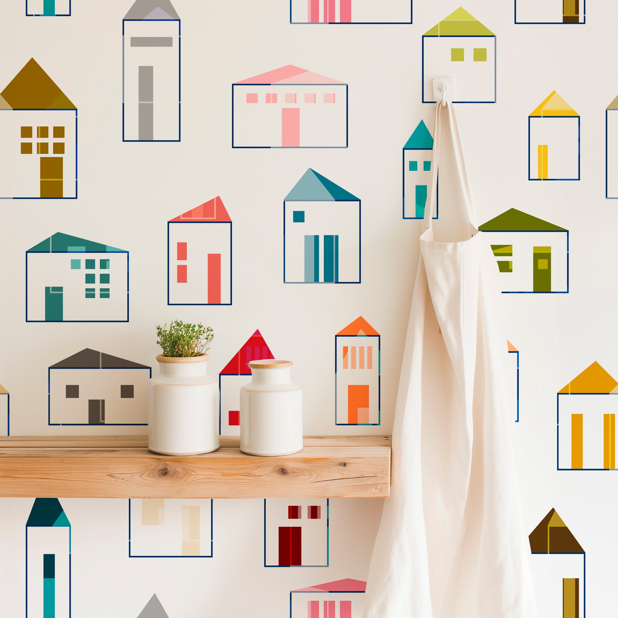 Neighborly Abstract Miniature Houses Modern Wallpaper for a Cool Kitchen Space - Wallpaper | Victoria Bright Home - Colorful Modern Wallpaper For Your Home - - abstract,dining,kids,kitchen,modern,multicolor,office,scandinavian