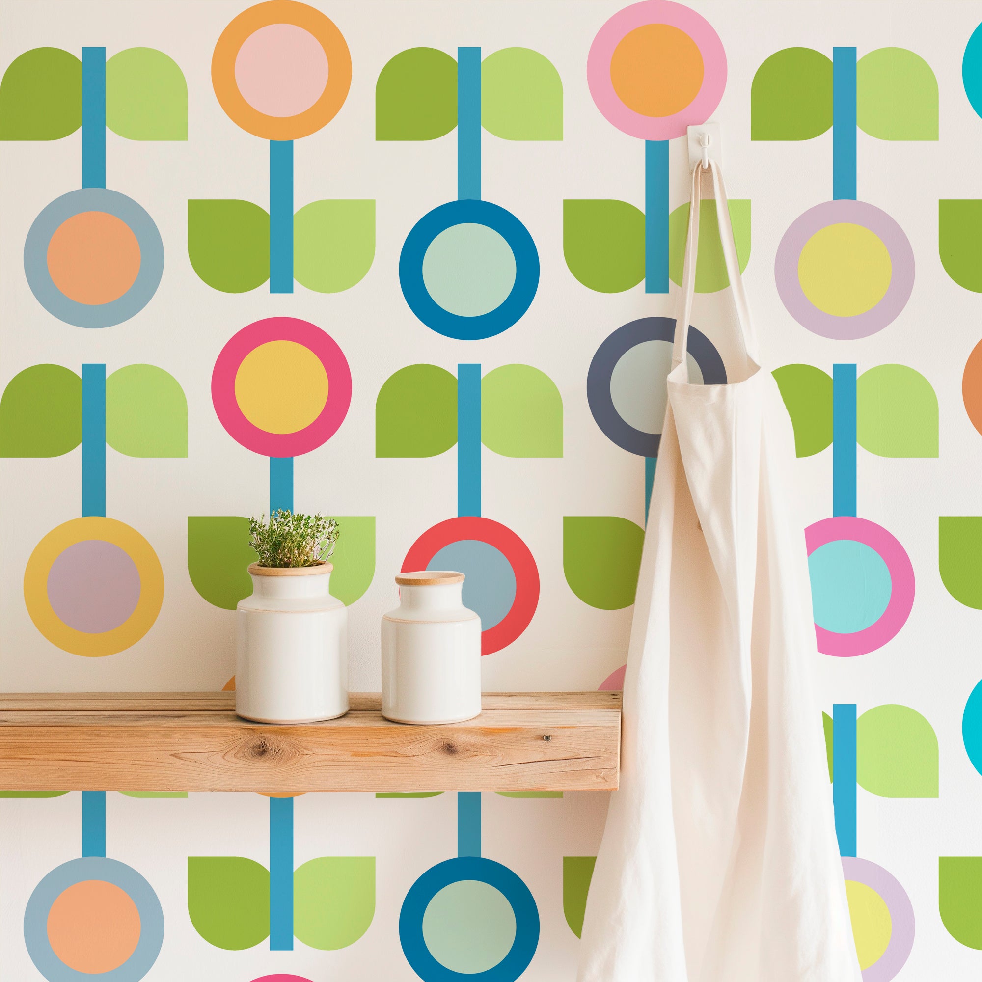 Scandinavian Modern Flower Wallpaper for Kitchens and Children - Wallpaper | Victoria Bright Home - Colorful Modern Wallpaper For Your Home - - bedroom,floral,green,kids,kitchen,Minimalist,modern,multicolor,nursery,pink,retro,scandinavian,vintage
