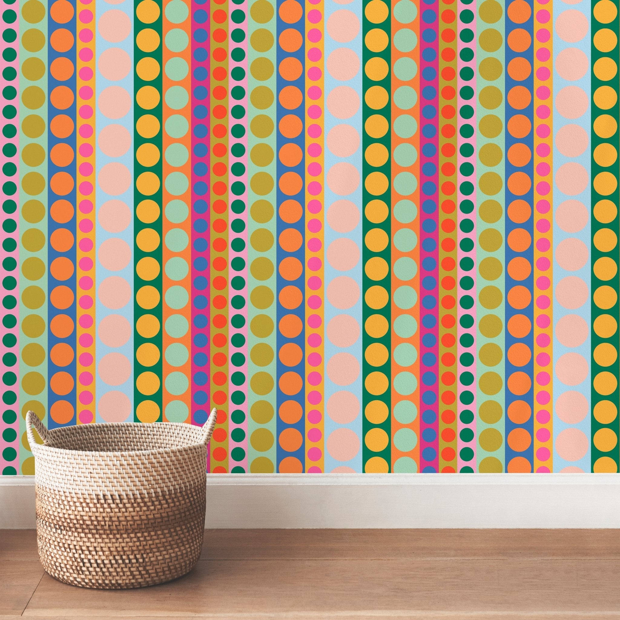 Penny Colofrul Striped Wallpaper for a Modern Sixties Style - Wallpaper | Victoria Bright Home - Colorful Modern Wallpaper For Your Home - - dining,dots,kids,kitchen,modern,multicolor,nursery,retro,stripes