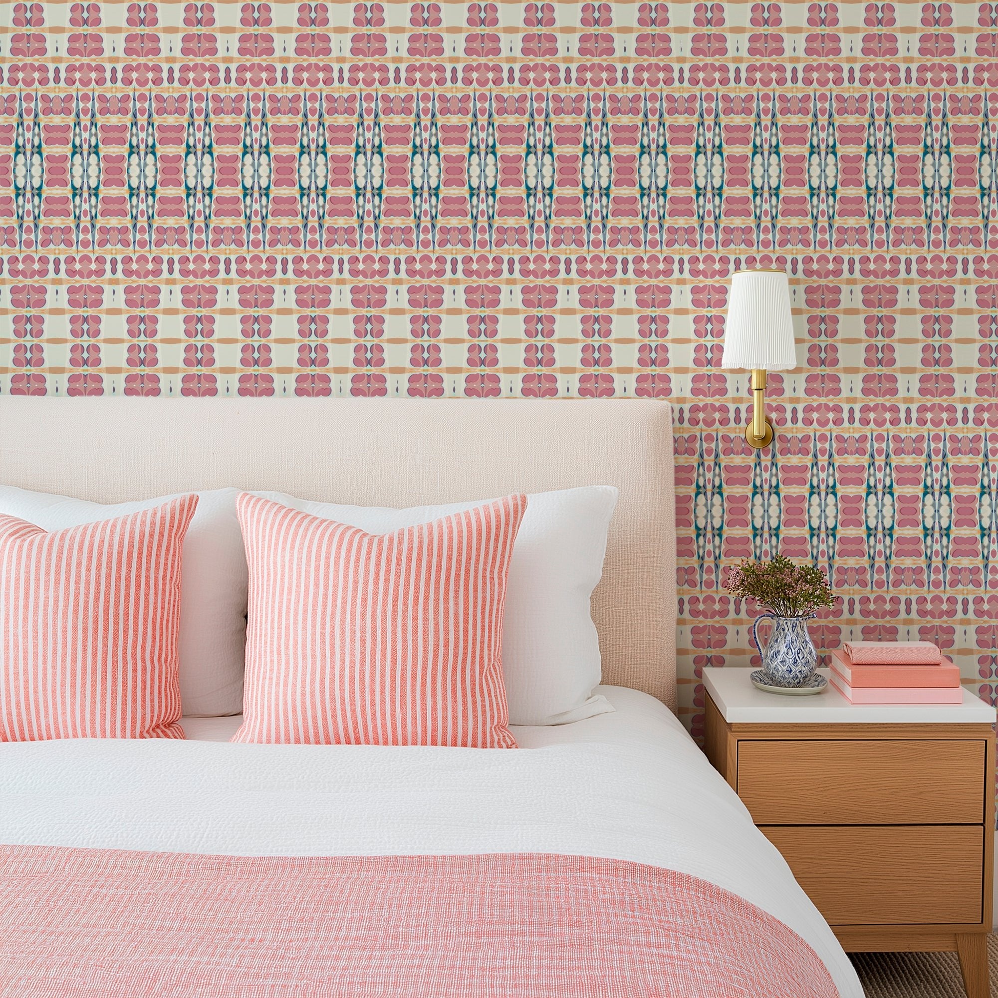 Vintage Sari Inspired Pink Wallpaper for Bohemian Style - Wallpaper | Victoria Bright Home - Colorful Modern Wallpaper For Your Home - - abstract,bedroom,cream,feminine,nursery,office,pink,traditional,vintage