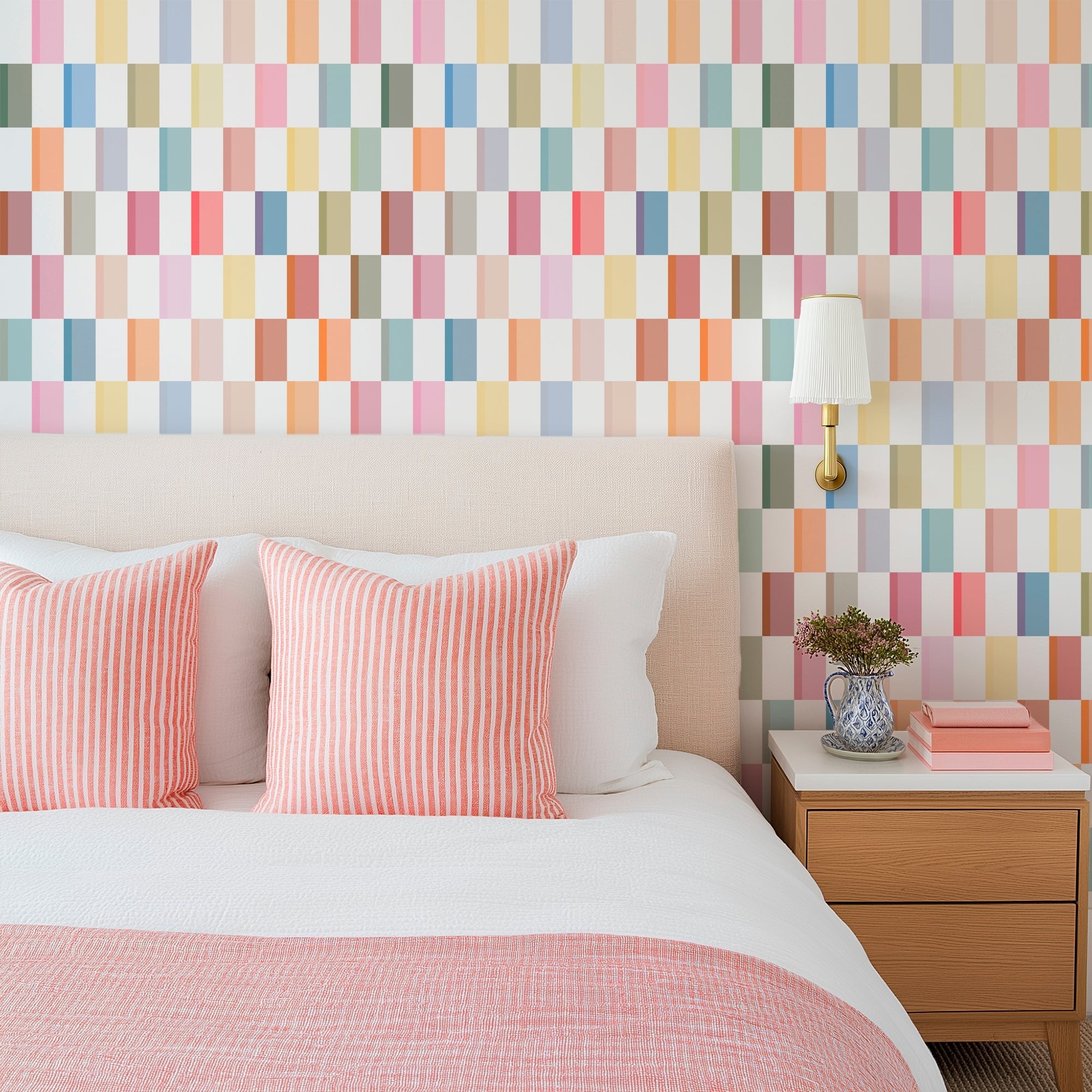 Oh Baby Pastel Geometric Wallpaper for a Sweet and Soft Nursery or Bedroom - Wallpaper | Victoria Bright Home - Colorful Modern Wallpaper For Your Home - - bedroom,checkered,feminine,kids,modern,multicolor,nursery,pink